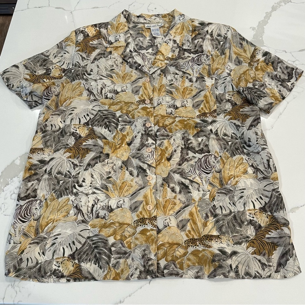Anna & Frank Vintage Silk Blouse Top Yellow Gray Jungle Zebra Elephant Size L